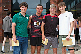 Getting their results at the Abbey Christian Brothers' Grammar School were, from left: Jack Doherty, Newry and Tiernan Barr, Keane Morgan and Aaron Hughes, Warrenpoint. Photograph: Columba O'Hare/ Newry.ie - A Level Results Day Newry 2026