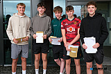 Thomas de Rose, Mayobridge; James Lunny, Warrenpoint; Tom McGleenan, Saval; Brodie McGreevy, Mayobridge and Ciaran Gallagher, Mayobridge get their results at the Abbey Christian Brothers' Grammar School. Photograph: Columba O'Hare/ Newry.ie  - A Level Results Day Newry 2026