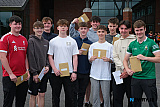 Results time at the Abbey Christian Brothers' Grammar School. Included from left: Harry Mooney, Banbridge; Ben Bagnelle, Warrenpoint; Peter McCreesh, Poyntzpass; Francis O'Connor, Newry; Joseph McManus, Mayobridge; Dylan Feehan, Newry; Callum Nicholl, Warrenpoint; Daniel Burns, Hilltown; Corey Paxton, Banbridge and Jack Fitzgerald, Burren. Photograph: Columba O'Hare/ Newry.ie  - A Level Results Day Newry 2026