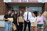 Evie Sweeney, Bessbrook; Lauren Bernes, Newry; Olivia Allely, Newry; Craig McKee, Newry High School Vice Principal; Julia Golowacz, Newry and Beth Lockhart, Bessbrook at A Level results day at Newry High School. Photograph: Columba O'Hare/ Newry.ie
 - A Level Results Day Newry 2026
