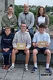 Joseph Gribben and Daniel Cunningham, Banbridge, front right get their GCSE result photo along with family members James Gribben, front left and back from left; Kellie Gribben, Sean Gribben and Martina Cunningham. Photograph: Columba O'Hare/ Newry.ie - GCSE Results 2026