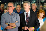 Conor Murphy and Mickey Brady listen to the results at the count centre. Photograph: Columba O'Hare - 2017 Westminster Election Count