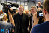 Newly elected Sinn Fein MP Chris Hazzard joins re-elected MP Mickey Brady in the celebrations after the vote count. Photograph: Columba O'Hare - 2017 Westminster Election Count