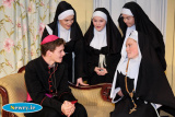 "Bishop" Conall Burns has a chat with some of the nuns. Photograph: Columba O'Hare - The Sound of Music - St Paul's High School 50th Anniversary Production 2016