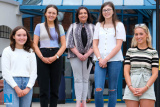 Celebrating their A Level results with Our Lady's Principal, Fiona McAlinden were students Caitlin McGarrity, Claire O'Keefe, Eva McEvoy and Maria McAvoy. Photograph: Columba O'Hare/ Newry.ie - Our Lady's A Level Results 2020