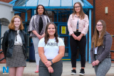 Celebrating their A Level results were Rebecca Lively, Katie Hanna, Niamh Grimley and Catherine Kelly pictured with Our Lady's Principal Fiona McAlinden. Photograph: Columba O'Hare/ Newry.ie - Our Lady's A Level Results 2020