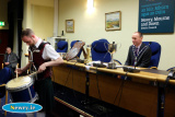 Ronan Fitzpatrick displays his drum skills at a Council Reception. Photograph: Columba O'Hare - Martin and Ronan Fitzpatrick and Orlaith Hollywood council presentation