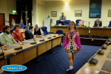 Orlaith Hollywood gives an Irish Dancing display to the council. Photograph: Columba O'Hare - Martin and Ronan Fitzpatrick and Orlaith Hollywood council presentation