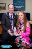 Mickey Ruane, Chairperson, Newry, Mourne and Down District Council presents World Irish Dancing Champion Orlaith Hollywood with an award at a civic reception. Photograph: Columba O'Hare - Martin and Ronan Fitzpatrick and Orlaith Hollywood council presentation