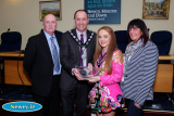 Orlaith Hollywood, U14 World Champion Irish Dancer gets an award from Mickey Ruane, Chairperson, Newry, Mourne and Down District Council while looking on are Councillors Charlie Casey and Valerie Harte. Photograph: Columba O'Hare - Martin and Ronan Fitzpatrick and Orlaith Hollywood council presentation
