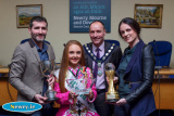 Orlaith Hollywood, U14 World Champion Irish Dancer and her dance teachers Debbie Maguire and Eamon O'Malley with her trophies including an award from Mickey Ruane, Chairperson, Newry, Mourne and Down District Council in recognition of her win. Photograph: Columba O'Hare - Martin and Ronan Fitzpatrick and Orlaith Hollywood council presentation