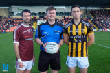 Referre Jake Magill with Ballymacnab Captain Michael Beagan and Crossmaglen Captain Aaron Kernan at the Armagh County Final in the Athletic Grounds. Photograph: Columba O'Hare/ Newry.ie - Armagh Senior Football Final 2019
