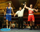 Camlough's Fearghus Quinn celerates his win over St Monica's Conor Wallace at the Ulster Elite Boxing Championship Finals in Bellinis tonight. Photograph: Columba O'Hare - Ulster Elite Boxing Final November 2015