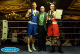 Cllr Charlie Casey makes the presentations to Fearghus Quinn, Camlough and Conor Wallace, St Monicas in the Middle Weight 75kg at the Ulster Elite Boxing Championship Finals in Bellinis, Newry.  Photograph: Columba O'Hare - Ulster Elite Boxing Final November 2015