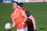 Armagh's Stefan Campbell shadowed by Down's Odhran Murdock at the Ulster Football Semi Final in Clones. Photograph: Columba O'Hare/ Newry.ie - Armagh v Down in Ulster Championship Semi Final 2024