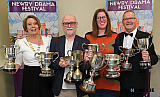 Holywood Players were the winners of Newry Drama Festival 2026 with their production of IRA Levin's Death Trap. Steve Emerson and Anna Phipps, centre are helped hold their array of trophies by festival Chairperson Kate Carragher and Adjudicator Tony Finnegan. Photograph: Columba O'Hare/ Newry.ie 
Full report and pics tomorrow. - Newry Drama Festival 2026