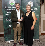  Club Secretary Eileen McCann made a presentation to outgoing Chairman, Terry O&rsquo;Hanlon for five years of dedicated service. - St Killian's GAC Presentation Night 2025