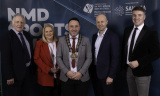 Newry, Mourne and Down District Council Chairperson, Councillor Pete Byrne with from left: guest speaker and former Northern Ireland international soccer player, Gerry Armstrong; Newry, Mourne and Down District Council Chief Executive, Marie Ward; Director Active and Healthy Communities, Andrew Patterson and sports journalist and MC for the evening, Thomas Niblock. - NMD Sports Awards 2025