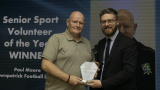 Senior Volunteer of the Year, 2024, Paul Moore from Downpatrick Youth Football League is pictured with Councillor Gareth Sharvin. - NMD Sports Awards 2025