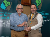 Chairperson Councillor Pete Byrne presents Sean (Rocky) Byrne with a Civic Award in the Human Endeavour Category for his outstanding achievement of 200 platelet donations to the Northern Ireland Transfusion Service.  - Newry, Mourne and Down District Council Civic Awards 2024