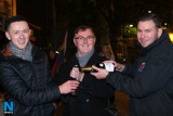 Newry Rainbow Community members Mark McLoughlin, Damian McKevitt and Matthew Marshall celebrating the introduction of marriage equality in Marcus Square in Newry at Midnight on Monday. Photograph: Columba O'Hare/ Newry.ie - Marriage Equality Celebration 