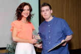 Seanin Graham, family representative presents the Shining Light Award in the Age 16-24 Category to Cailim McParland, S.P.A.C.E. The award was presented at the Confederation of Community Groups, Patricia Graham Shining Light Community Volunteering Awards 2017 in the Canal Court Hotel, Newry. Photograph: Columba O'Hare - Shining Light Awards 2017