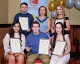Cllr Roisin Mulgrew, Chairperson, Newry, Mourne and Down Council , sponsors, with Nominees in the Age 16-24 category at the Confederation of Community Groups, Patricia Graham Shining Light Community Volunteering Awards 2017 in the Canal Court Hotel, Newry.Front from left: Alaina McGuigan, Our Lady's Grammar School; Cailim McParland, S.P.A.C.E., (Award Recipient) and Aoife McCloy, Down Right Brilliant. Back: Johnny Savage, PIPS Newry and Mourne; Cllr Mulgrew and Melissa Quinn, Down Right Brilliant. Photograph: Columba O'Hare - Shining Light Awards 2017