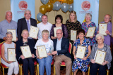 Nominees in the Age 65+ category at the Confederation of Community Groups, Patricia Graham Shining Light Community Volunteering Awards 2017 in the Canal Court Hotel, Newry. Front from left: Alice McEvoy, SWALLOWS Women's Group; Annie Morgan, Kilbroney Luncheon Club; Sylvia McElroy, Newry Gateway Club, (Award Recipient) ; Peter McEvoy, Newry and Mourne Enterprise Agency, sponsor; Irene Harbinson, Southern Area Hospice and Rose Cunningham, Kilbroney Luncheon Club. Back: Leo Collins, Home Secured Project, Crossmaglen U3A; John White, Alzheimers Society; Shea Graham, family representative; Kathleen Marmion, South Armagh Blind and Visually Impaired; Aishling Smith on behalf of Joey McKinley, Alzheimer's Society; Elaine Cousins, Home Start Newry & Mourne and Ciaran Hanna, Alzheimer's Society. Photograph: Columba O'Hare - Shining Light Awards 2017