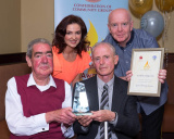 Good Morning Service was the Award Recipient in the Older People's Services category at the Confederation of Community Groups, Patricia Graham Shining Light Community Volunteering Awards 2017 in the Canal Court Hotel, Newry. Seamus Morgan and Andrew Birt are pictured with  Seanin Graham, family representative and Maurice Rocks, Red Rock Training, sponsor. Photograph: Columba O'Hare - Shining Light Awards 2017