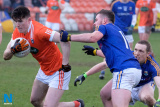 Armagh's Joe McElroy under pressure from Longford's James McGivney at the Round 3  Allianz Football League clash between Longford and Armagh at the Athletic Grounds, Armagh. Photograph: Columba O'Hare/ www.newry.ie - Armagh v Longford National League 2018