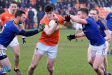 Armagh's Joe McElroy under pressure from Longford's James McGivney at the Round 3  Allianz Football League clash between Longford and Armagh at the Athletic Grounds, Armagh. Photograph: Columba O'Hare/ www.newry.ie - Armagh v Longford National League 2018