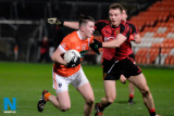 Armagh's Joe McElroy under pressure from Downs Brendan McArdle at the Dr McKenna Cup clash between Armagh and Down at the Athletic Grounds. Photograph: Columba O'Hare - Armagh v Down Dr McKenna Cup 2017