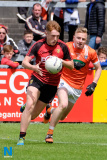 Down's Liam Kerr breaks away from Armagh's Jack Haddock. Down Minors v Armagh Minors at Pairc Esler. Photograph: Columba O'Hare - Down v Armagh Championship Pairc Esler 2017
