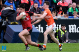 Down's Ruairi McCrickard  and Armagh's Justin Kierans in full flow. Down Minors v Armagh Minors at Pairc Esler. Photograph: Columba O'Hare - Down v Armagh Championship Pairc Esler 2017