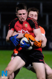 Down's Ryan McAleenan under pressure from Armagh's Charlie Vernon at the Dr McKenna Cup clash between Armagh and Down at the Athletic Grounds. Photograph: Columba O'Hare - Armagh v Down Dr McKenna Cup 2017