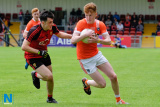 Armagh's Conor Turbitt is tackled by Down's Brendan Gallen. Down Minors v Armagh Minors at Pairc Esler. Photograph: Columba O'Hare - Down v Armagh Championship Pairc Esler 2017