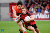 Down's Jerome Johnston is closely followed by Armagh's James Morgan. Down v Armagh in the Senior Championship at Pairc Esler. Photograph: Columba O'Hare - Down v Armagh Championship Pairc Esler 2017