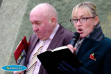 Rev Lorna Dreaning says a prayer at the Newry Maritime Association Centennial event to remember the SS Connemara and SS Retreiver tragedy. Looking on is James McArevey, Newry Maritime Association. Photograph: Columba O'Hare - Newry Maritime Association Centenary event to mark Connemara Retriever Disaster