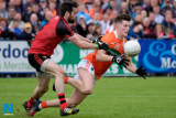 Armagh's Joe McElroy under pressure from Down's KEvin McKernan. Down v Armagh in the Senior Championship at Pairc Esler. Photograph: Columba O'Hare - Down v Armagh Championship Pairc Esler 2017