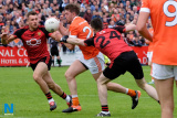 Armagh's Anthony Duffy under pressure. Down v Armagh in the Senior Championship at Pairc Esler. Photograph: Columba O'Hare - Down v Armagh Championship Pairc Esler 2017