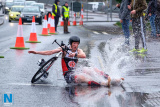 Despite a dramatic fall during the cycle, Finbar McGrady from Newry Triathlon Club,  won the 2018 Firmus Energy Newry City Triathlon held at the Albert Basin in Newry. Photograph: Columba O'Hare/ Newry.ie - Firmus Newry Triathlon 2018