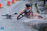Despite a dramatic fall during the cycle, Finbar McGrady from Newry Triathlon Club,  won the 2018 Firmus Energy Newry City Triathlon held at the Albert Basin in Newry. Photograph: Columba O'Hare/ Newry.ie - Firmus Newry Triathlon 2018