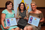 The joint winners in the Community Association/ Group Category at the Confederation of Community Groups, Patricia Graham Shining Light Community Volunteering Awards 2016, were Down Right Brilliant (Newry and Mourne Down Syndrome Support Group) and Davina'a Ark. Mairead Robb from Down Right Brilliant and Rosemary Rooney from Davina's Ark are pictured receiving their awards from Pauline Coughlan, Newry and Mourne Enterprise Agency, Sponsors. Photograph: Columba O'Hare - Shining Light Awards 2016