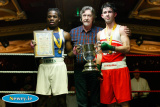 Mickey Brady, MP presents awards to Bernaldo Marime, St Pauls  and Gerard Matthews, Holy Trinity. Bernaldo won in the Light Welter 64kg at the Ulster Elite Boxing Championship Finals in Bellinis, Newry. Photograph: Columba O'Hare - Ulster Elite Boxing Final November 2015
