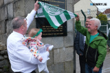 Pat McGinn and Davy Hyland unveil a plaque to Willie Maley at his birthplace in Newry.  Photograph: Columba O'Hare/ Newry.ie - Willie Maley Commemorations Newry