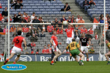 Armagh's Paul Duffy catches the ball under the shadow of the Armagh goal at the Ulster Final. - Armagh v Donegal Ulster Final 2006