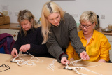 Niamh Ni Cathain, centre conducts the Macram&eacute; Workshop at Newry and Mourne Museum as part of Newry Arts Festival. Included are workshop participants Melanie Ball, Dromore, left and Lorna Sloan, Kilkeel. - Newry Arts Festival 2023