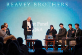 MC Damian McCullough is pictured during the Q&A session at Reavey Brothers Premiere with from left: Jordi Estape Montserrat, Writer; John Reavey, Writer and Director; Geraldine McAlinden (Sadie Reavey); Niall McNamee, (John-Martin Reavey); Kevin Nugent (Brian Reavey) and Dylan Llewellyn (Anthony Reavey). Photograph: Columba O'Hare/ Newry.ie - Reavey Brothers Premiere