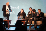 Damian McCullough chats to Geraldine McAlinden (Sadie Reavey); Niall McNamee, (John-Martin Reavey); Kevin Nugent (Brian Reavey) and Dylan Llewellyn (Anthony Reavey) at the Premiere of Reavey Brothers film in the Canal Court in Newry. Photograph: Columba O'Hare/ Newry.ie - Reavey Brothers Premiere