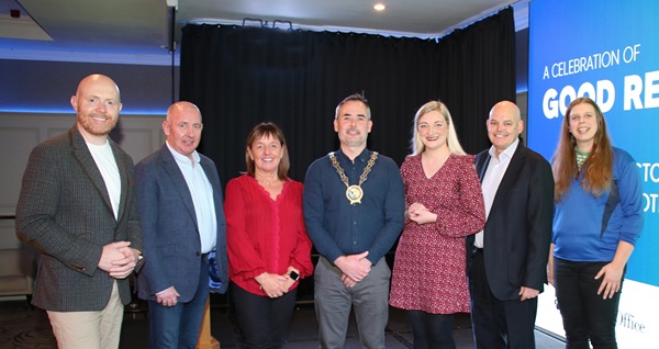 Newry, Mourne and Down Council Chairperson, Councillor Philip Campbell with event host- Barra Best, BBC Weather Presenter; Martin Connell, Respect Project; Julie McCormack, The Executive Office; Roberta Heaney, Schomberg Society; Peter Osborne, former Chair of the Community Relations Council and Sarah Nilles, Youth Initiatives.
